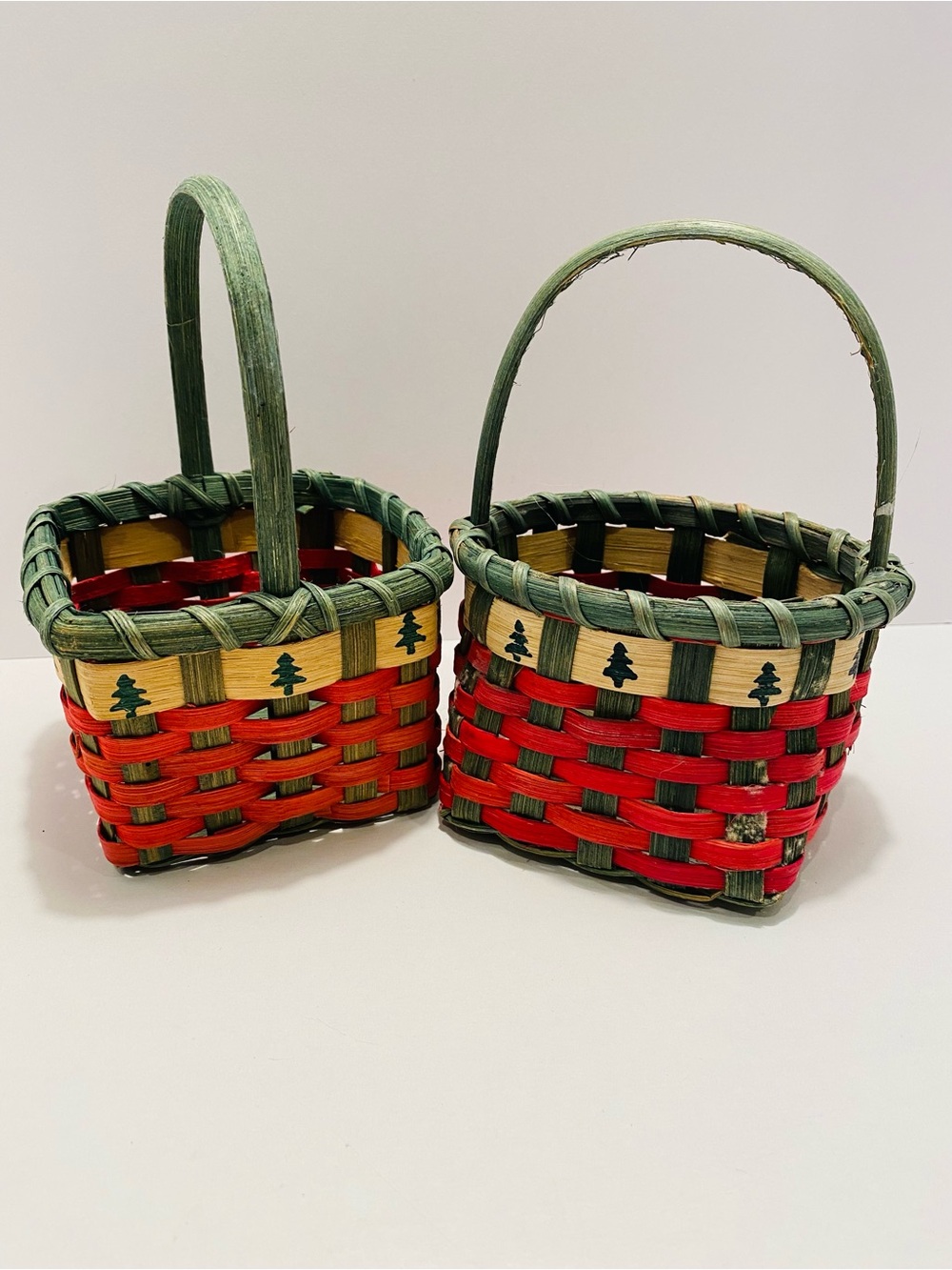 Handwoven Holiday Baskets - Red & Green. VINTAGE